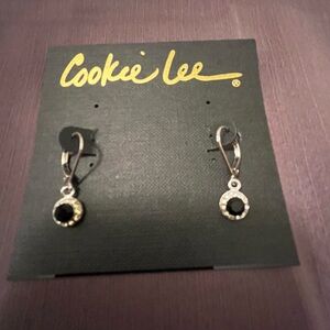 Cookie Lee Silver Drop Earrings with Black Crystals